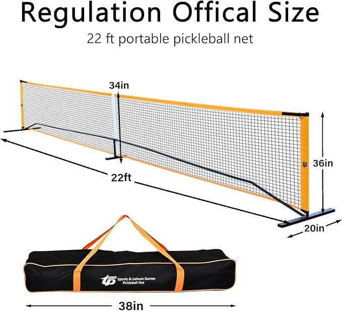 RUP Complete Pickleball Set, 22 ft Portable Net, 4 Wooden Paddles, 4 Balls, Metal Frame with Carrying Bag