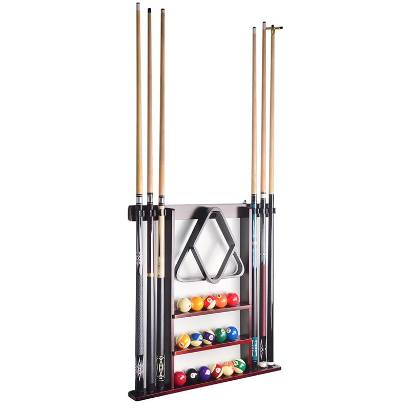 RUP Pool Cue Rack Wall Mount, 6 Pool Billiard Cue Rack, holds ball set, chalk & triangle, Made of Solid Pine Wood, Pool Table