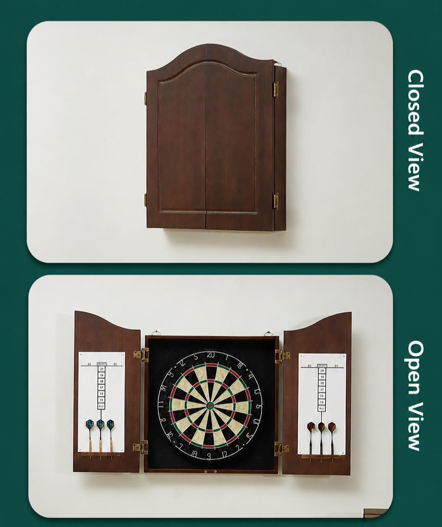 RUP Solid Wood Cabinet Set with 18 Inch African Sisal Dartboard & 6 Metal Darts | Professional Bristle Dart Board | Wall