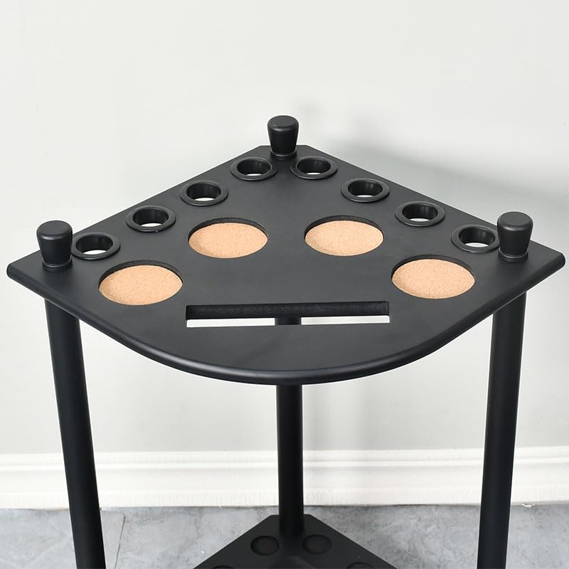 RUP Pool Stick Holder, Solid Wood Holds 8 Cue Sticks, Ball set, Chalk, Triangle, Free Standing Corner Style Black | Ball &