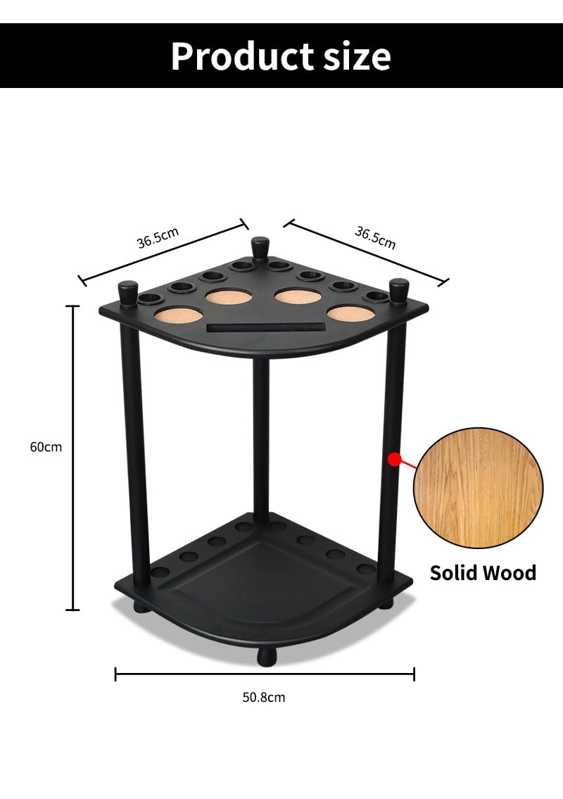 RUP Pool Stick Holder, Solid Wood Holds 8 Cue Sticks, Ball set, Chalk, Triangle, Free Standing Corner Style Black | Ball &