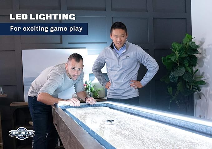 RUP 9-Foot LED Light Up Shuffleboard and Bowling Table, Rustic Wood Grain Finish, Grey Carpeted Gutters, K-Shaped Legs