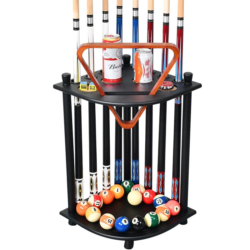 RUP Solid Wood Corner Pool Cue Stand – Holds 8 Cues, Balls & Accessories – product view