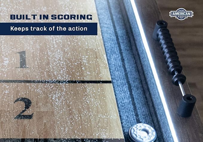 RUP 9-Foot LED Light Up Shuffleboard and Bowling Table, Rustic Wood Grain Finish, Grey Carpeted Gutters, K-Shaped Legs
