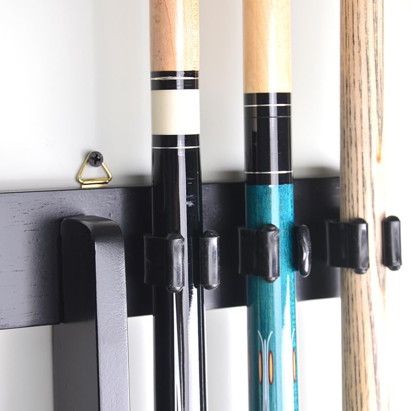 RUP Pool Cue Rack Wall Mount, 6 Pool Billiard Cue Rack, holds ball set, chalk & triangle, Made of Solid Pine Wood, Pool Table
