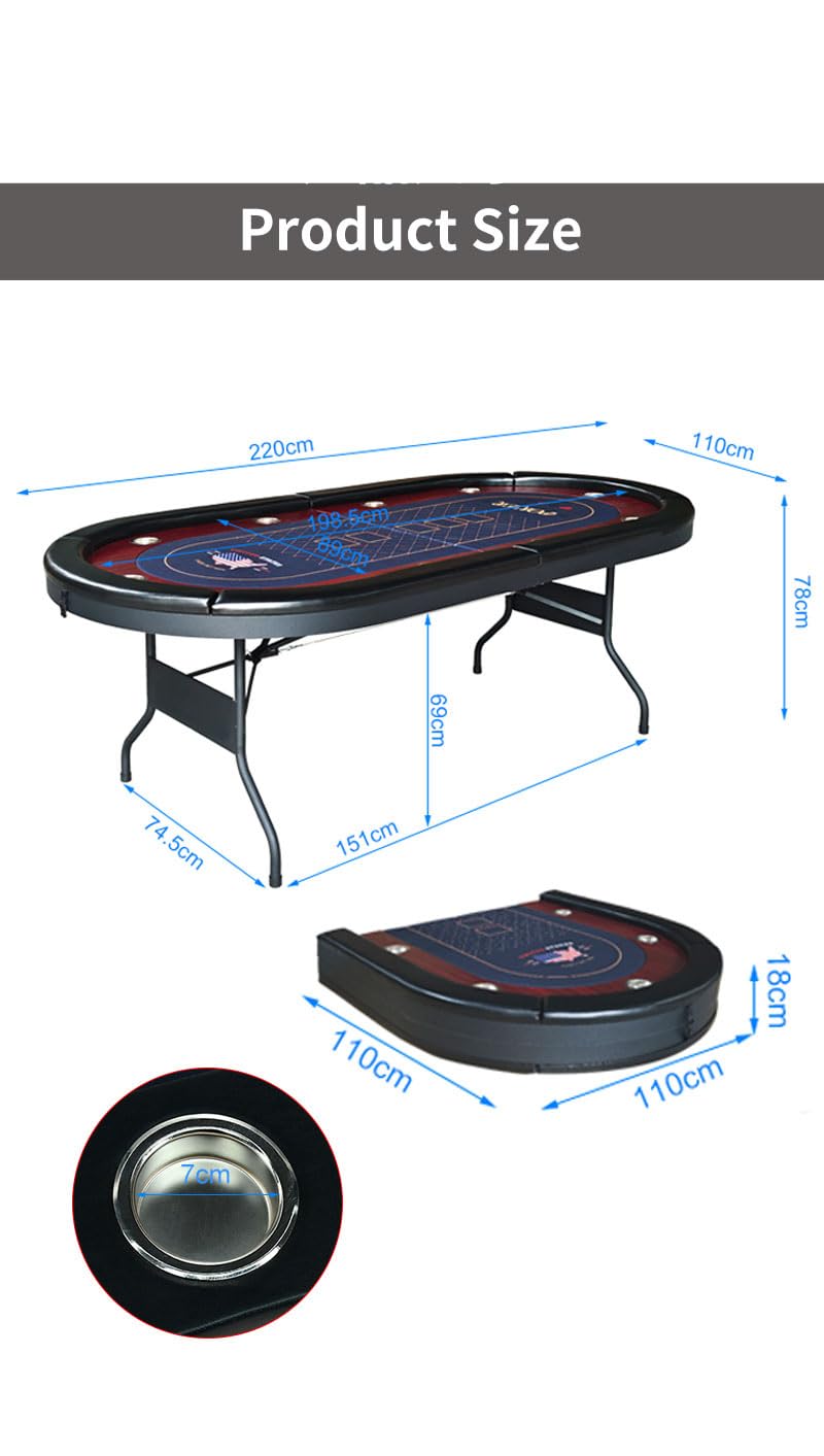 RUP 10 Player Folding Poker Table | Casino Style 220cm | Foldable Portable Design | Cup Holders | Premium Felt Surface