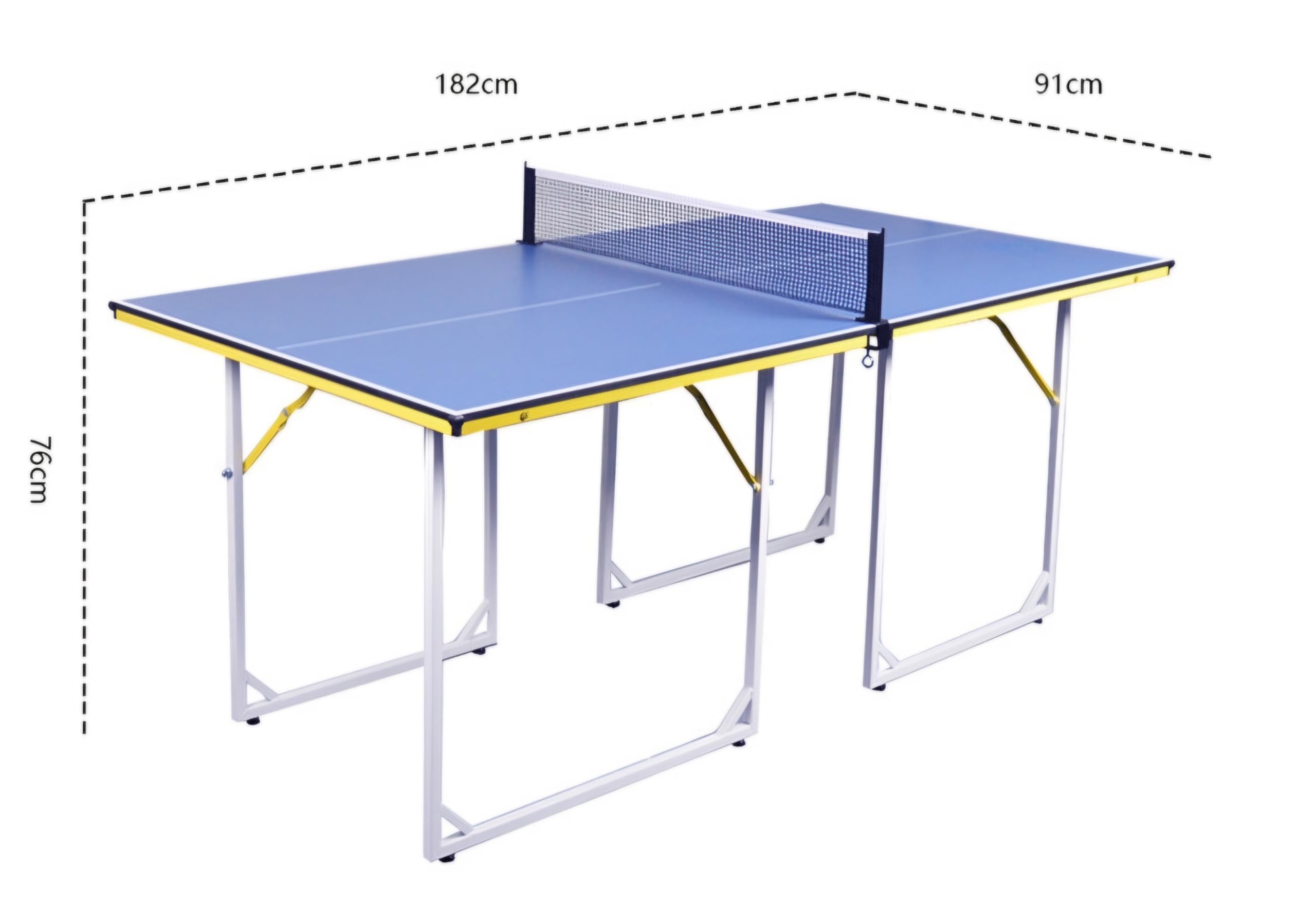 RUP 6ft Mini Table Tennis Table with Foldable Metal Legs, Blue Playing Surface with Yellow Accent, Net, Rackets, Balls
