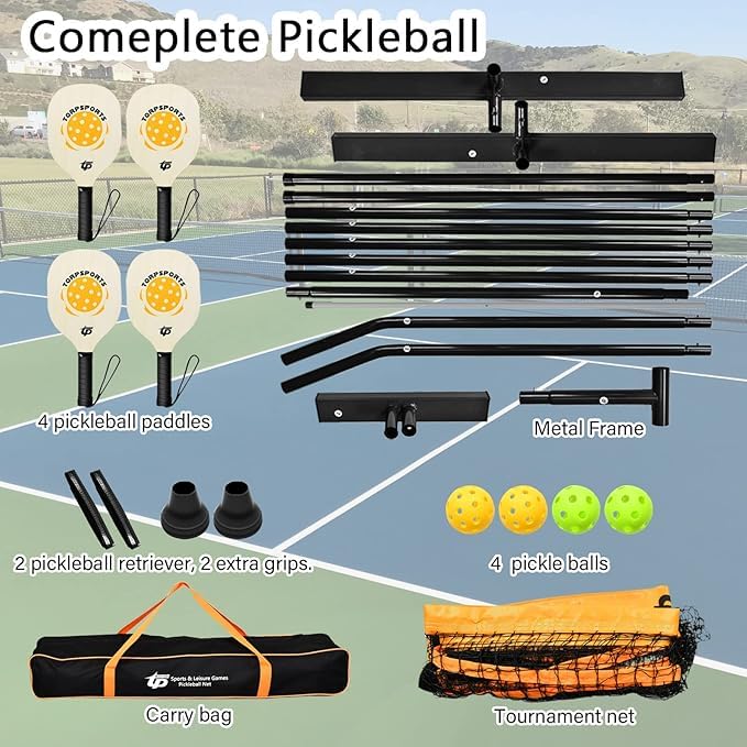 RUP Complete Pickleball Set, 22 ft Portable Net, 4 Wooden Paddles, 4 Balls, Metal Frame with Carrying Bag