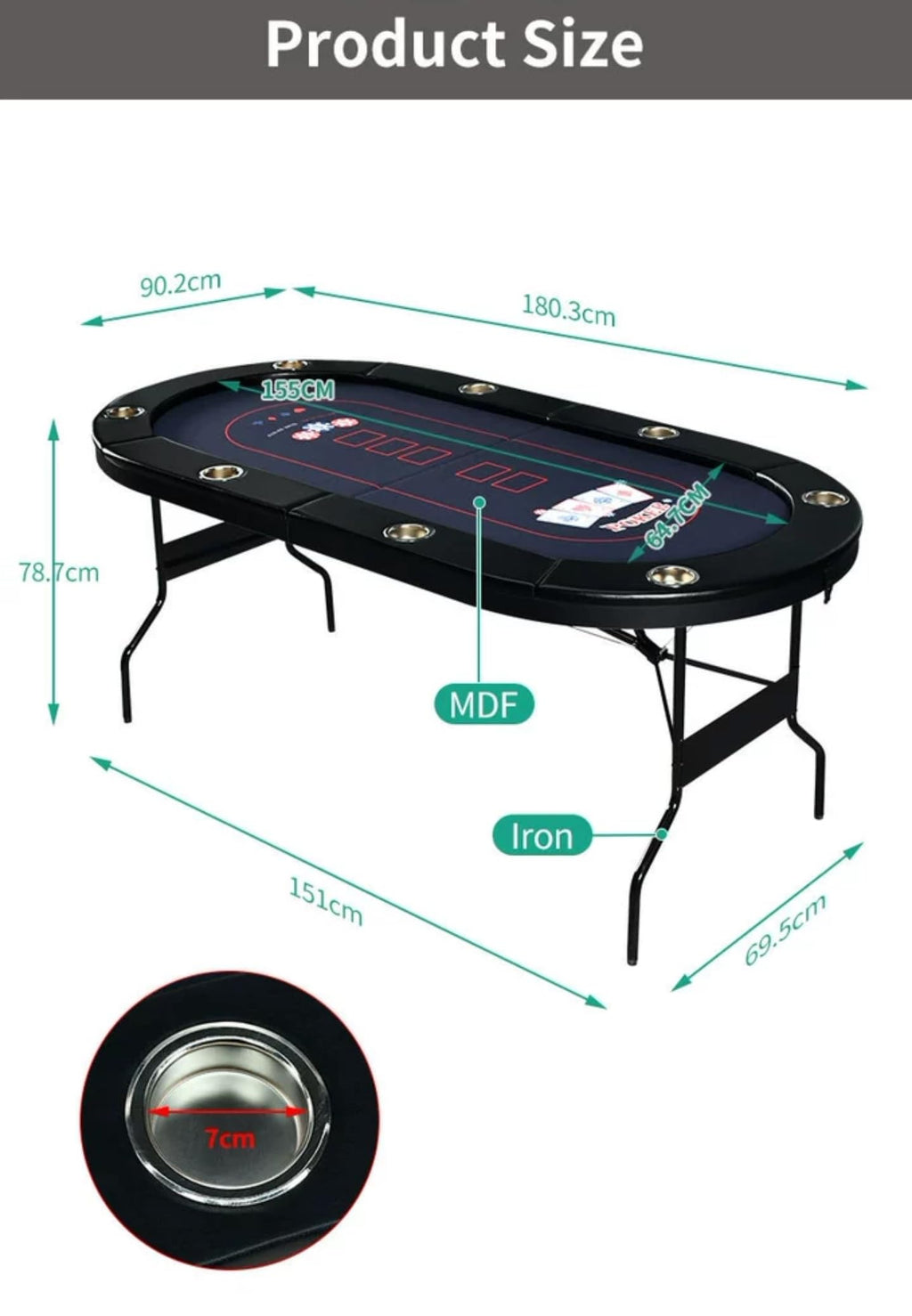 RUP 8 Player Poker Table for Home – Foldable Casino Table with Cushioned Armrest, Cup Holders, Metal Legs, Casino Felt