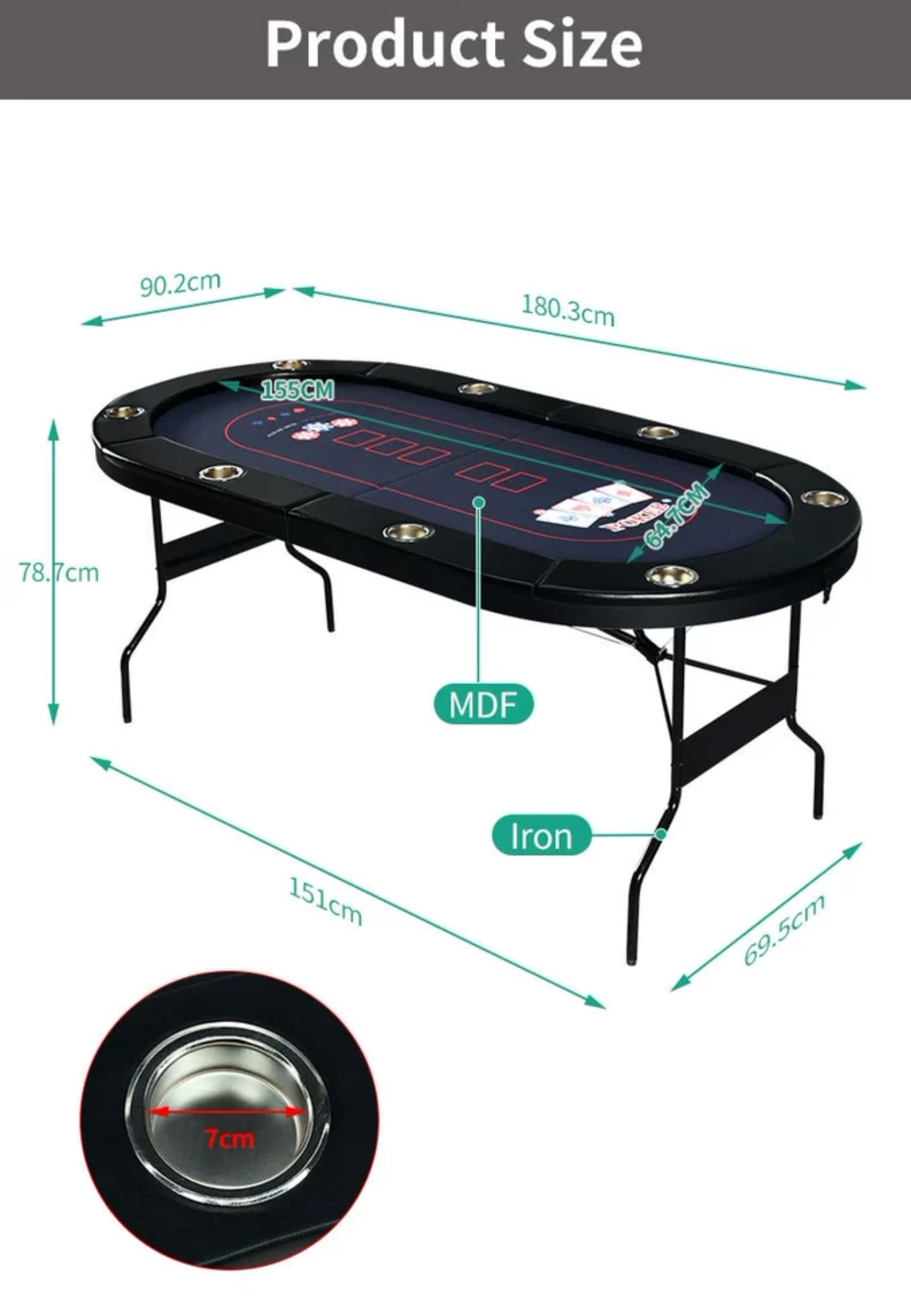 RUP 8 Player Poker Table for Home – Foldable Casino Table with Cushioned Armrest, Cup Holders, Metal Legs, Casino Felt
