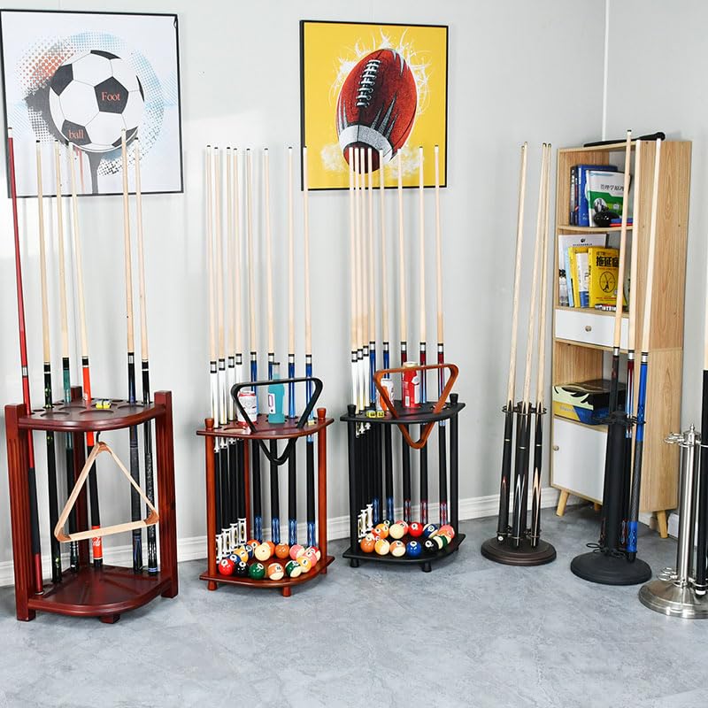 RUP Pool Stick Holder, Solid Wood Holds 8 Cue Sticks, Ball set, Chalk, Triangle, Free Standing Corner Style Black | Ball &
