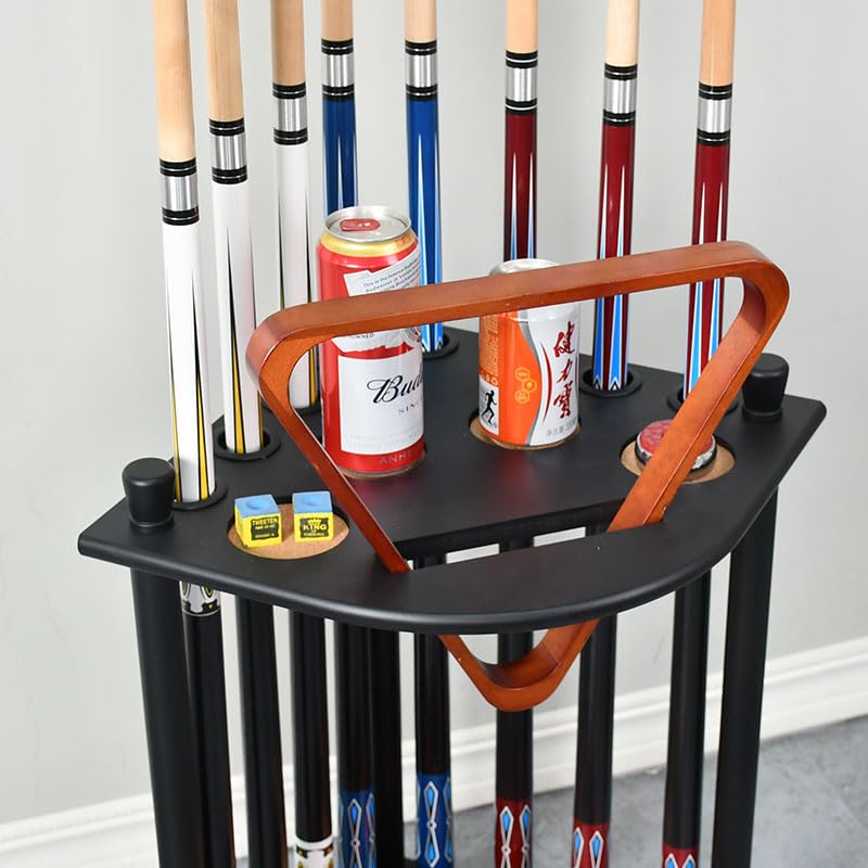 RUP Pool Stick Holder, Solid Wood Holds 8 Cue Sticks, Ball set, Chalk, Triangle, Free Standing Corner Style Black | Ball &