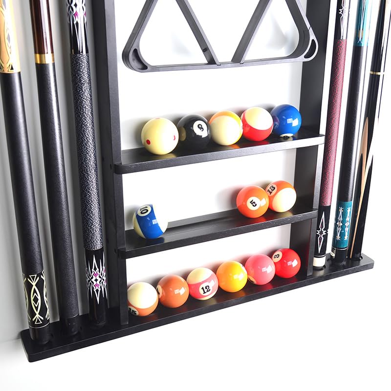 RUP Pool Cue Rack Wall Mount, 6 Pool Billiard Cue Rack, holds ball set, chalk & triangle, Made of Solid Pine Wood, Pool Table