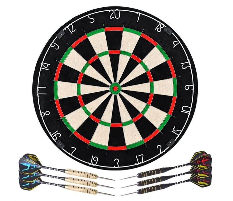 RUP Solid Wood Cabinet Set with 18 Inch African Sisal Dartboard & 6 Metal Darts | Professional Bristle Dart Board | Wall