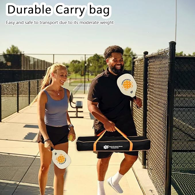 RUP Complete Pickleball Set, 22 ft Portable Net, 4 Wooden Paddles, 4 Balls, Metal Frame with Carrying Bag