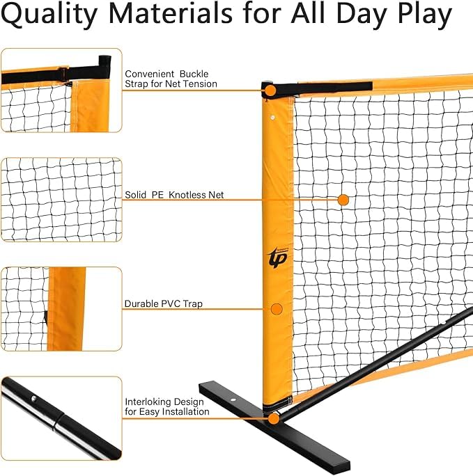 RUP Complete Pickleball Set, 22 ft Portable Net, 4 Wooden Paddles, 4 Balls, Metal Frame with Carrying Bag