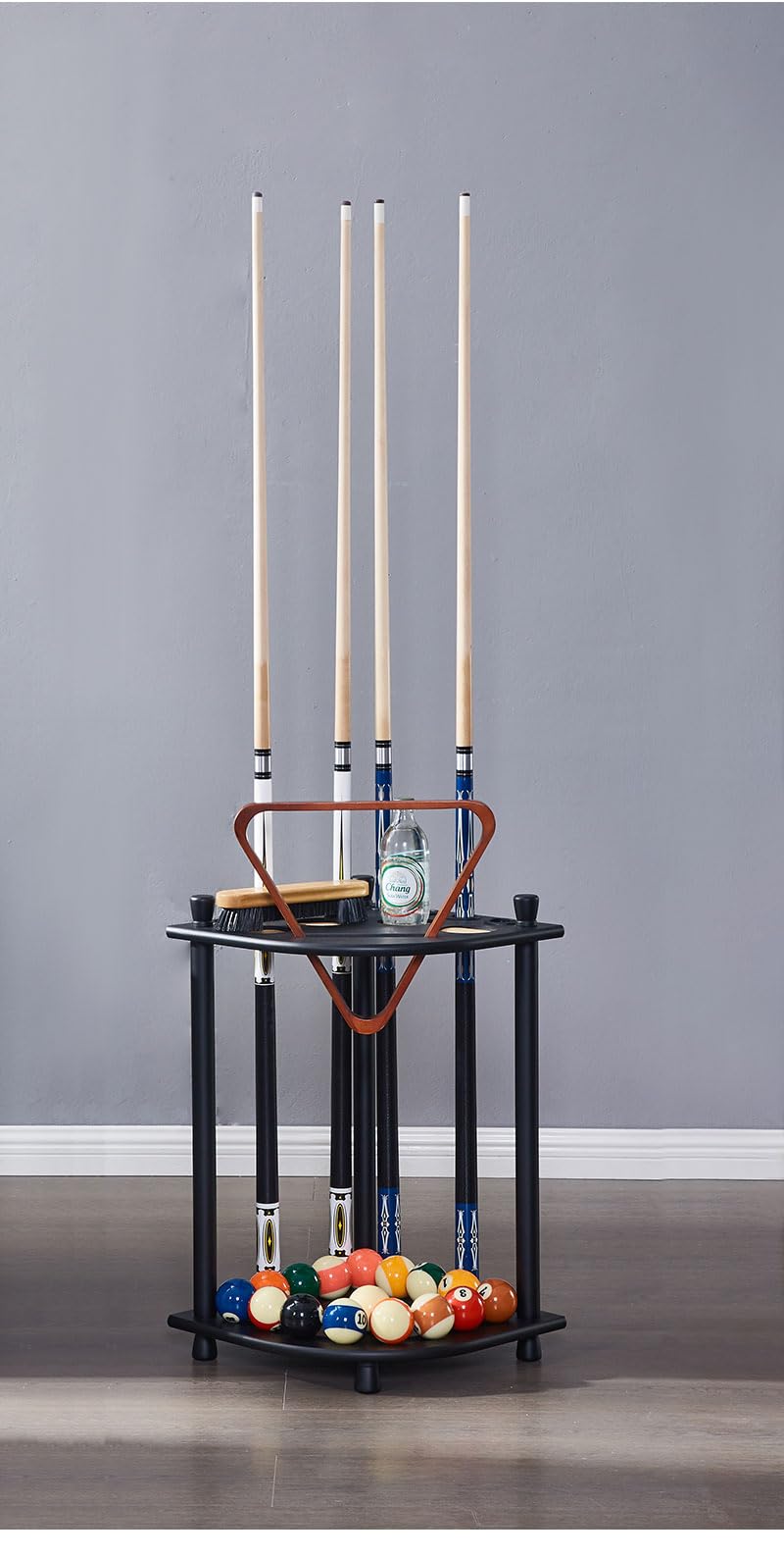 RUP Pool Stick Holder, Solid Wood Holds 8 Cue Sticks, Ball set, Chalk, Triangle, Free Standing Corner Style Black | Ball &