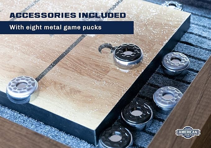 RUP 9-Foot LED Light Up Shuffleboard and Bowling Table, Rustic Wood Grain Finish, Grey Carpeted Gutters, K-Shaped Legs