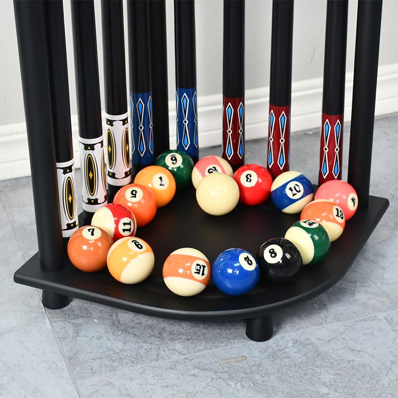 RUP Pool Stick Holder, Solid Wood Holds 8 Cue Sticks, Ball set, Chalk, Triangle, Free Standing Corner Style Black | Ball &