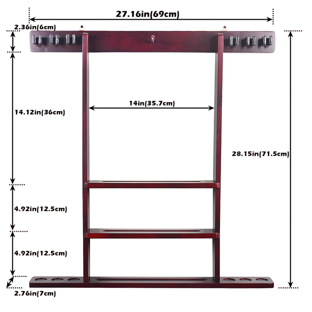 RUP Pool Cue Rack Wall Mount, 6 Pool Billiard Cue Rack, holds ball set, chalk & triangle, Made of Solid Pine Wood, Pool Table