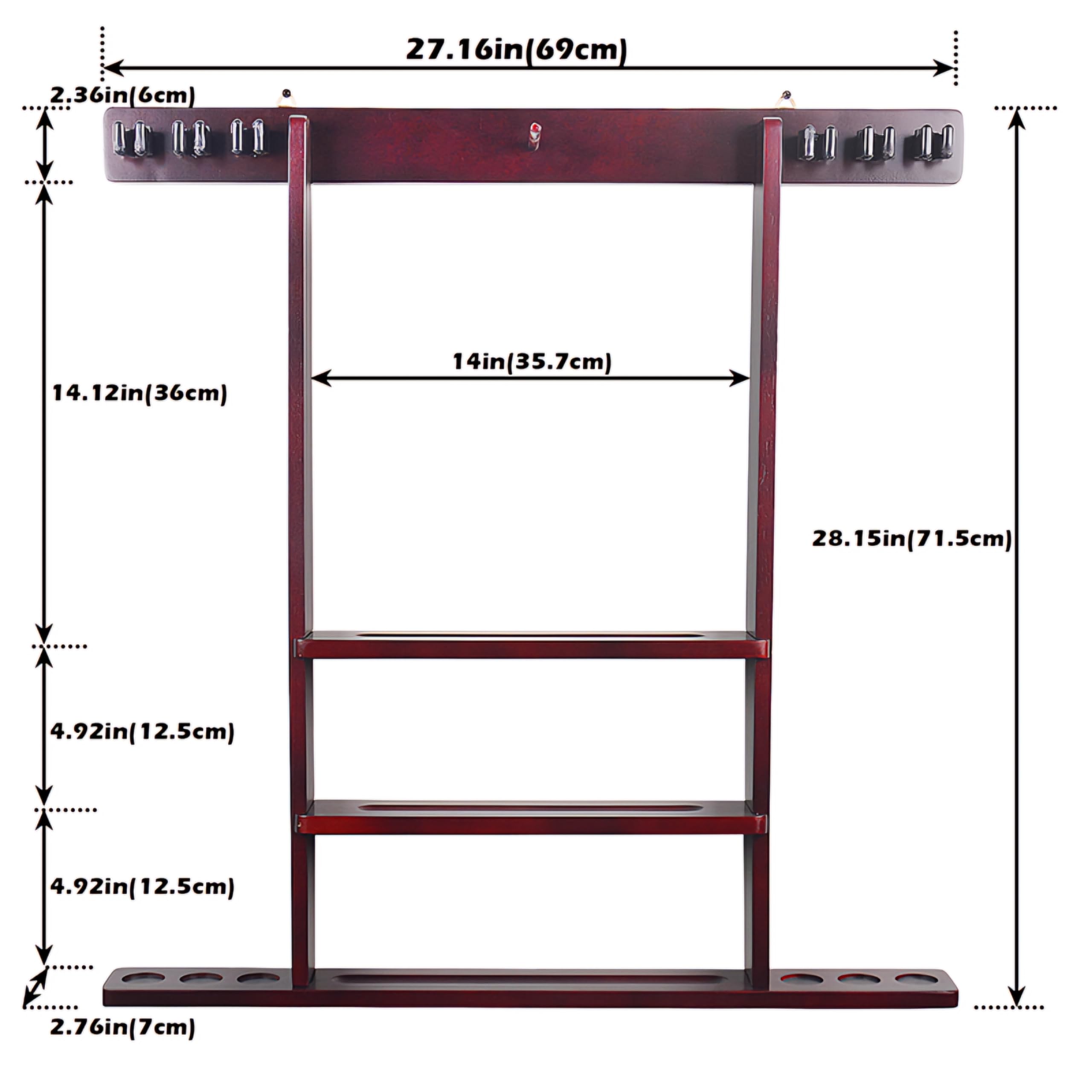 RUP Pool Cue Rack Wall Mount, 6 Pool Billiard Cue Rack, holds ball set, chalk & triangle, Made of Solid Pine Wood, Pool Table