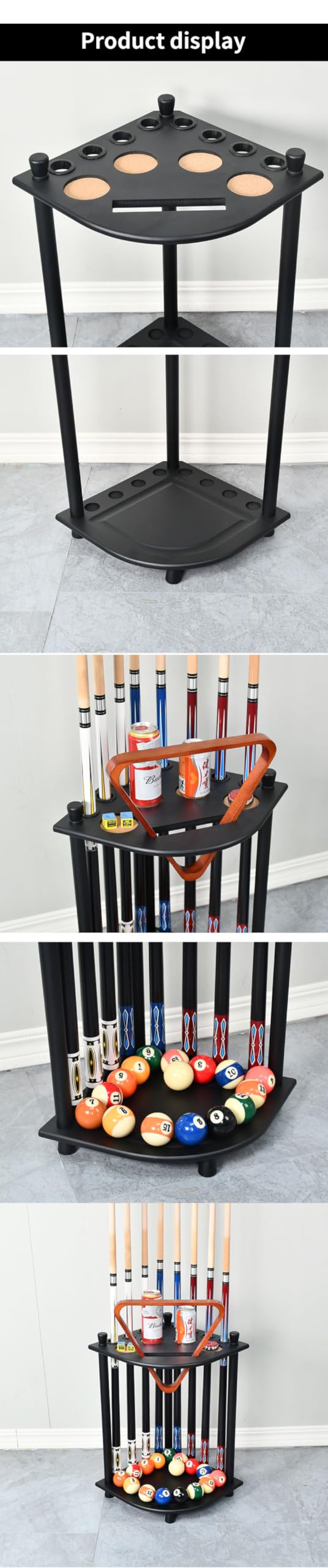 RUP Pool Stick Holder, Solid Wood Holds 8 Cue Sticks, Ball set, Chalk, Triangle, Free Standing Corner Style Black | Ball &