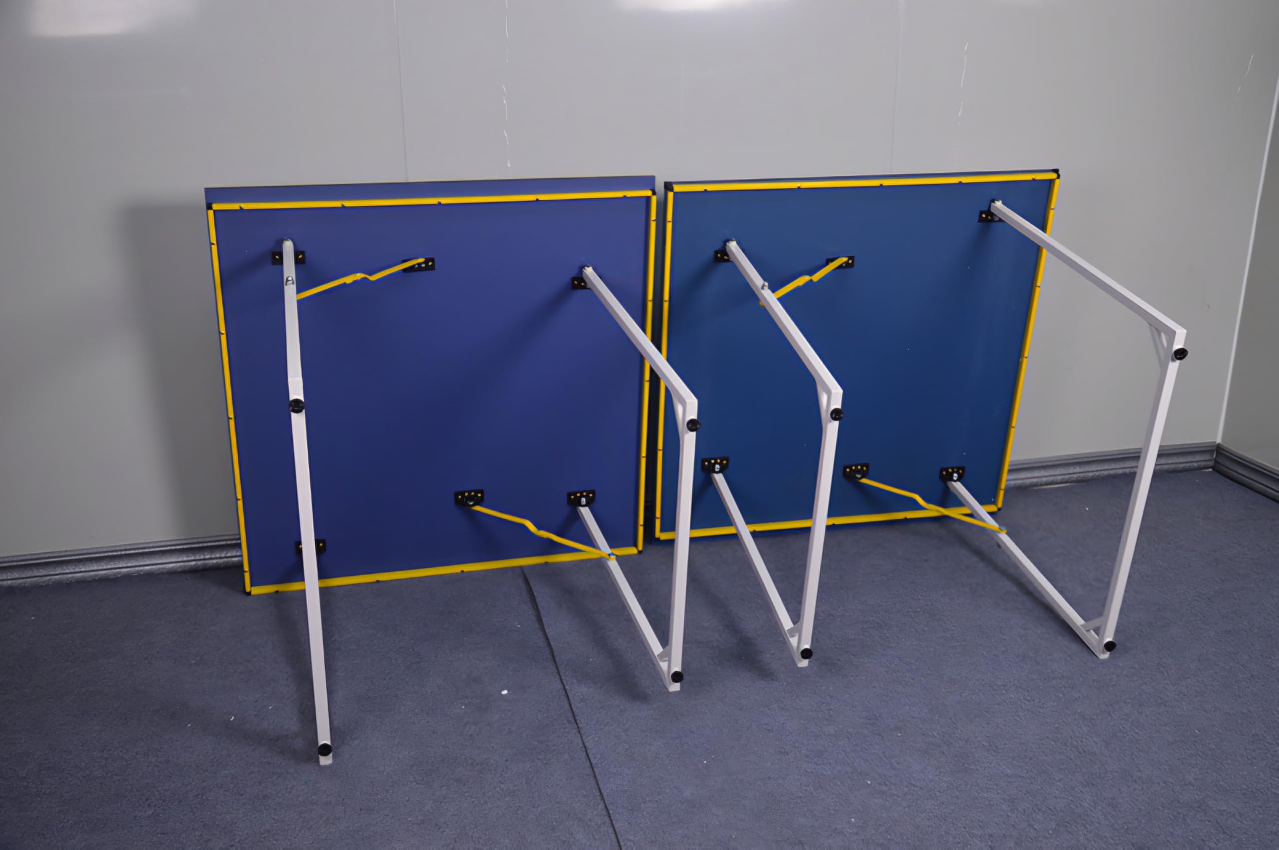 RUP 6ft Mini Table Tennis Table with Foldable Metal Legs, Blue Playing Surface with Yellow Accent, Net, Rackets, Balls