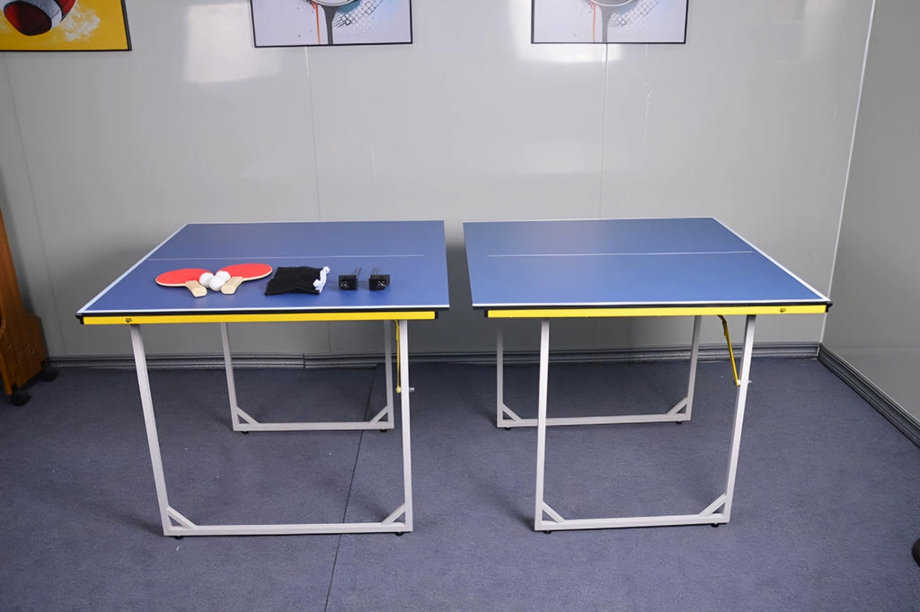 RUP 6ft Mini Table Tennis Table with Foldable Metal Legs, Blue Playing Surface with Yellow Accent, Net, Rackets, Balls