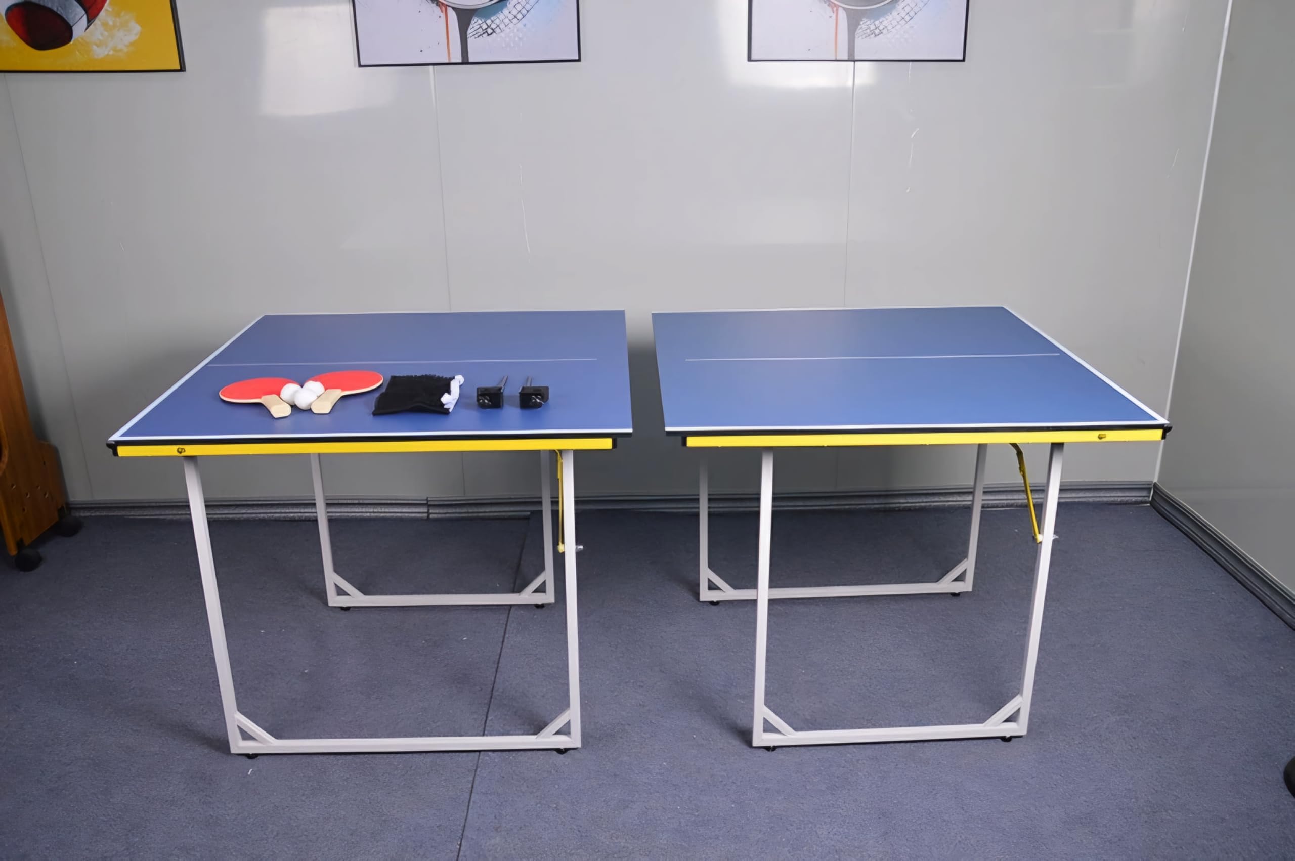 RUP 6ft Mini Table Tennis Table with Foldable Metal Legs, Blue Playing Surface with Yellow Accent, Net, Rackets, Balls