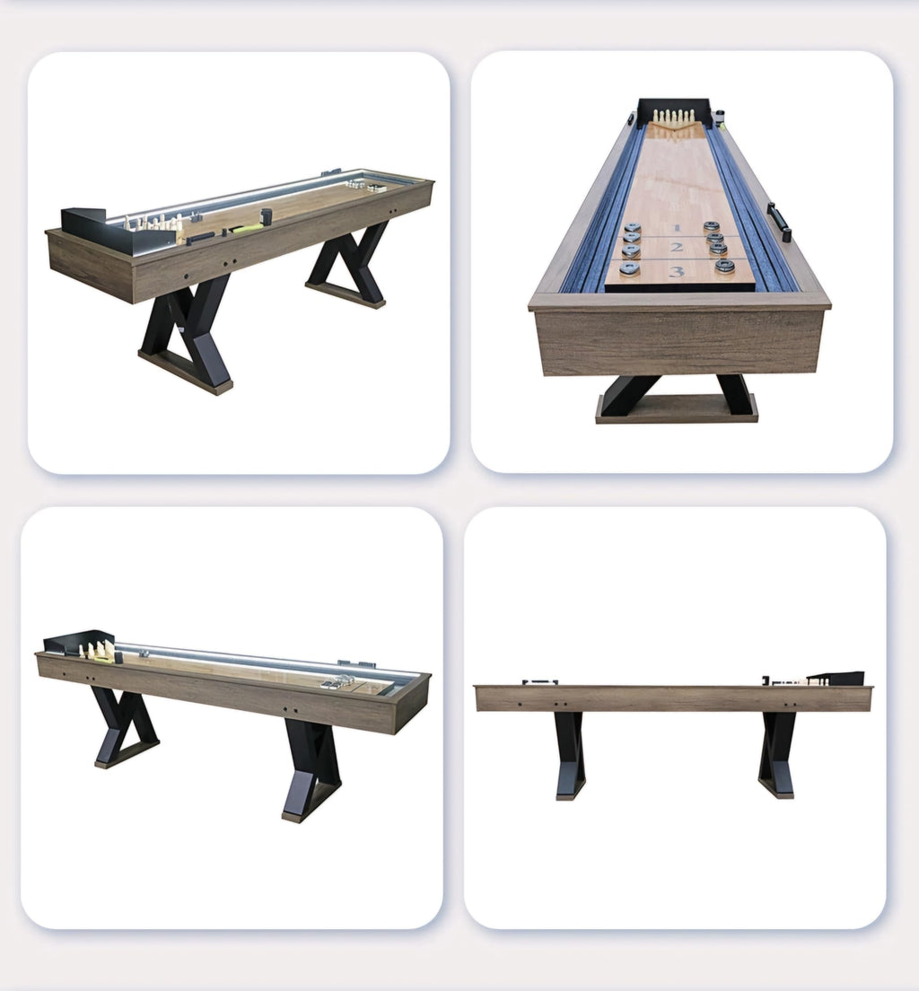 RUP 9-Foot LED Light Up Shuffleboard and Bowling Table, Rustic Wood Grain Finish, Grey Carpeted Gutters, K-Shaped Legs