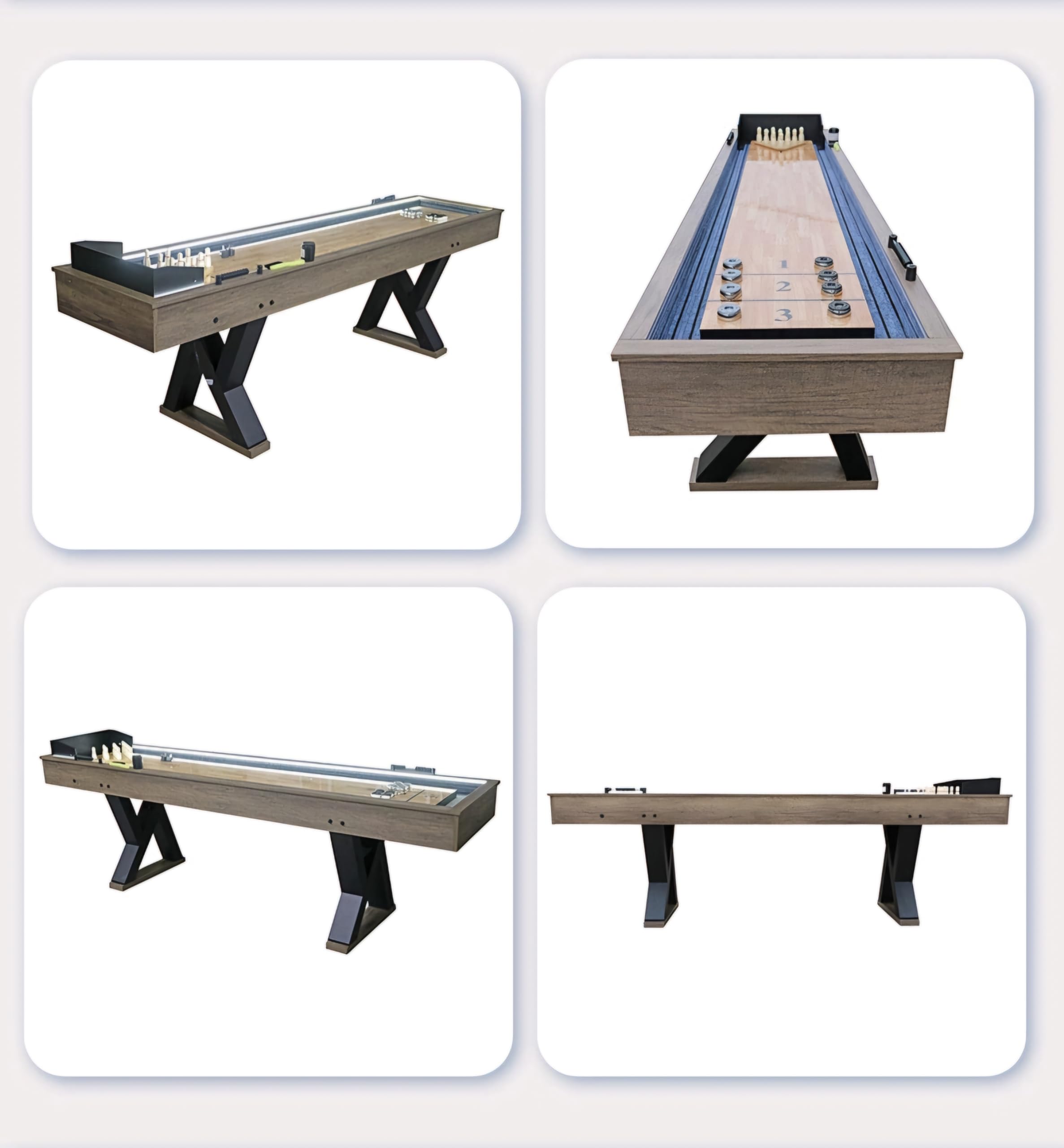 RUP 9-Foot LED Light Up Shuffleboard and Bowling Table, Rustic Wood Grain Finish, Grey Carpeted Gutters, K-Shaped Legs