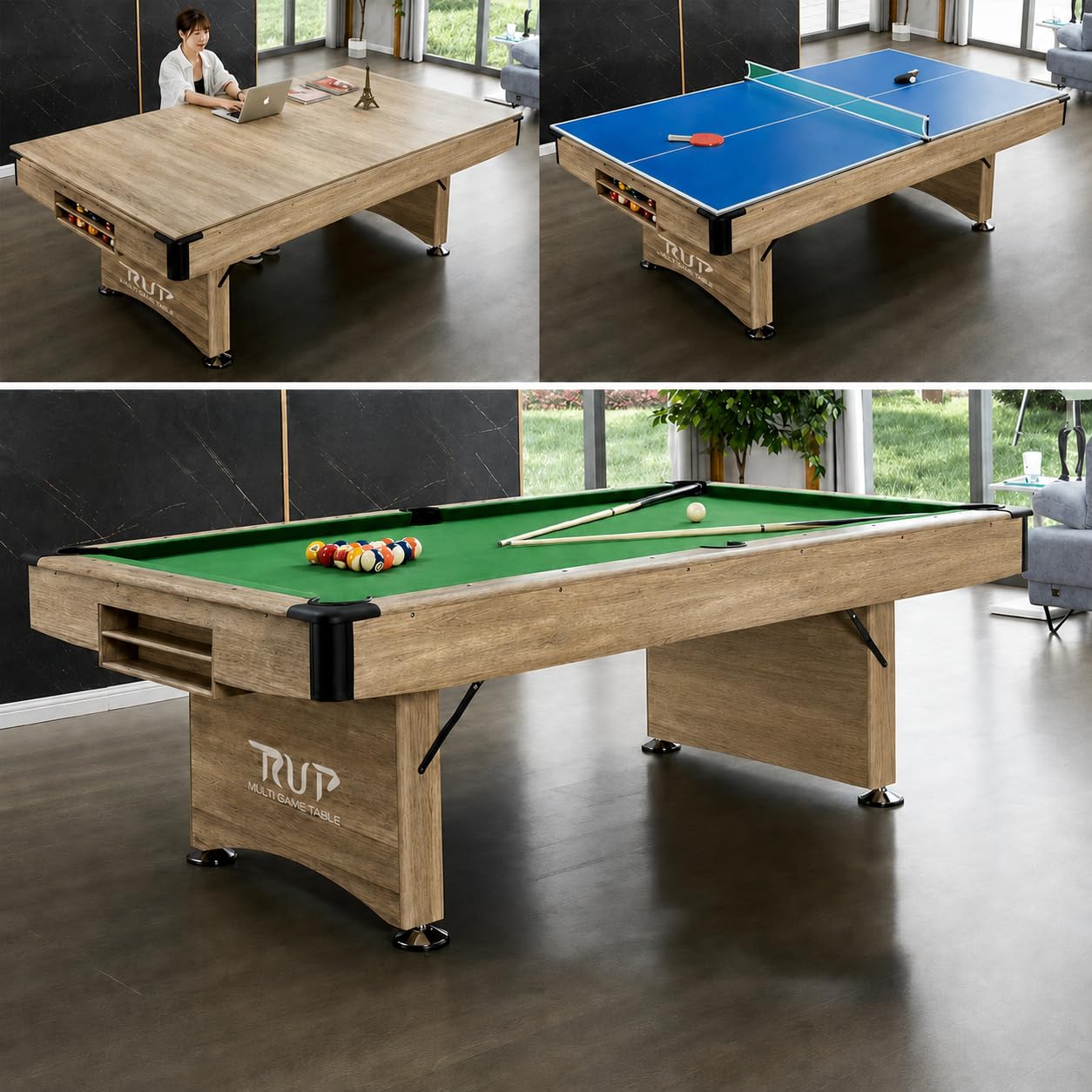 RUP 8ft 3 in 1 Folding Pool/Billards, Table Tennis Multi Game Table (All Set of accesories Included) - BROWN & GREEN