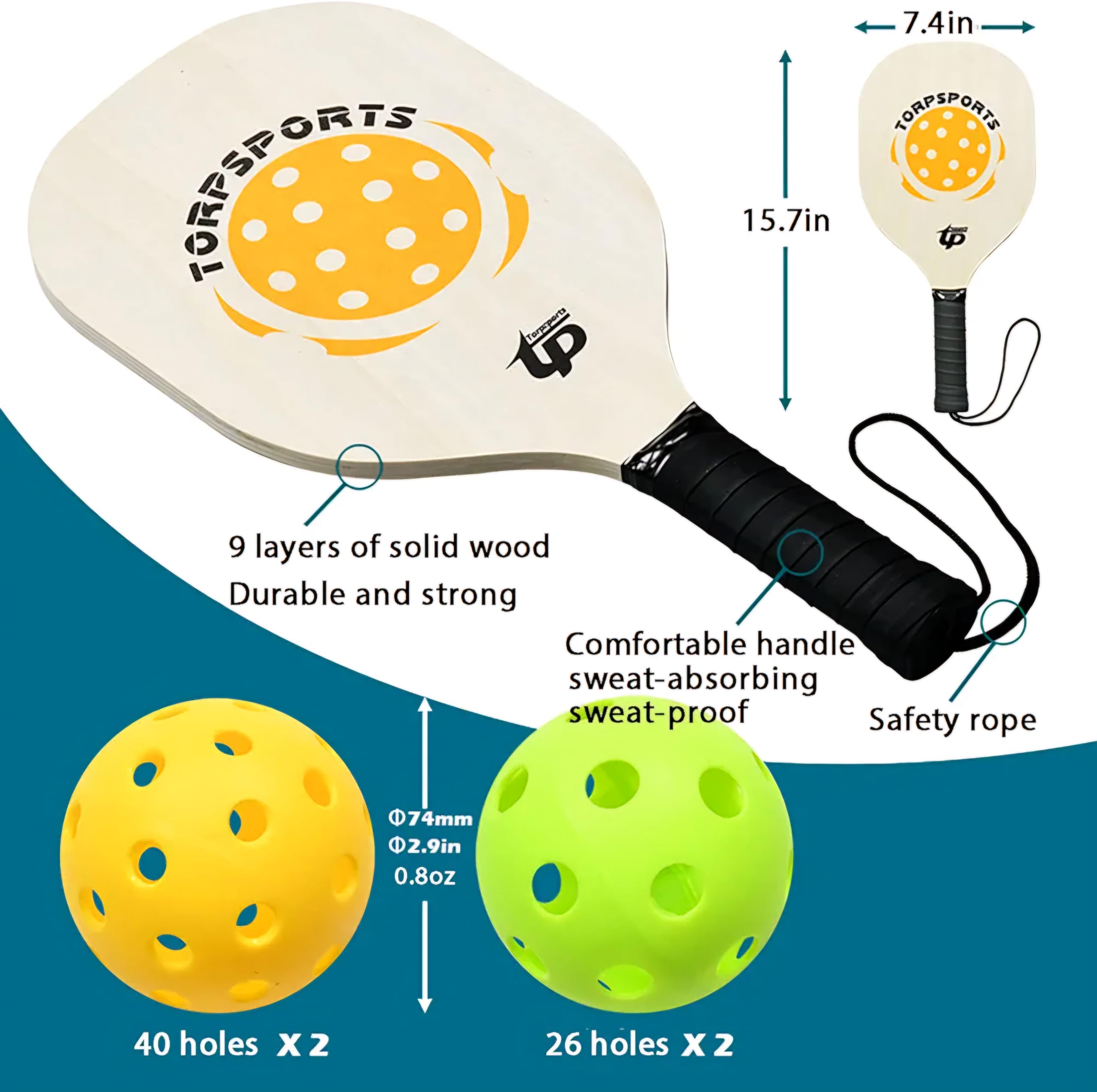 RUP Complete Pickleball Set, 22 ft Portable Net, 4 Wooden Paddles, 4 Balls, Metal Frame with Carrying Bag