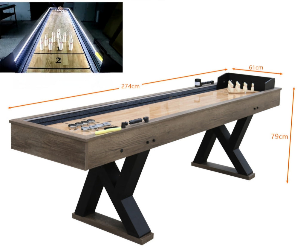 RUP 9-Foot LED Light Up Shuffleboard and Bowling Table, Rustic Wood Grain Finish, Grey Carpeted Gutters, K-Shaped Legs