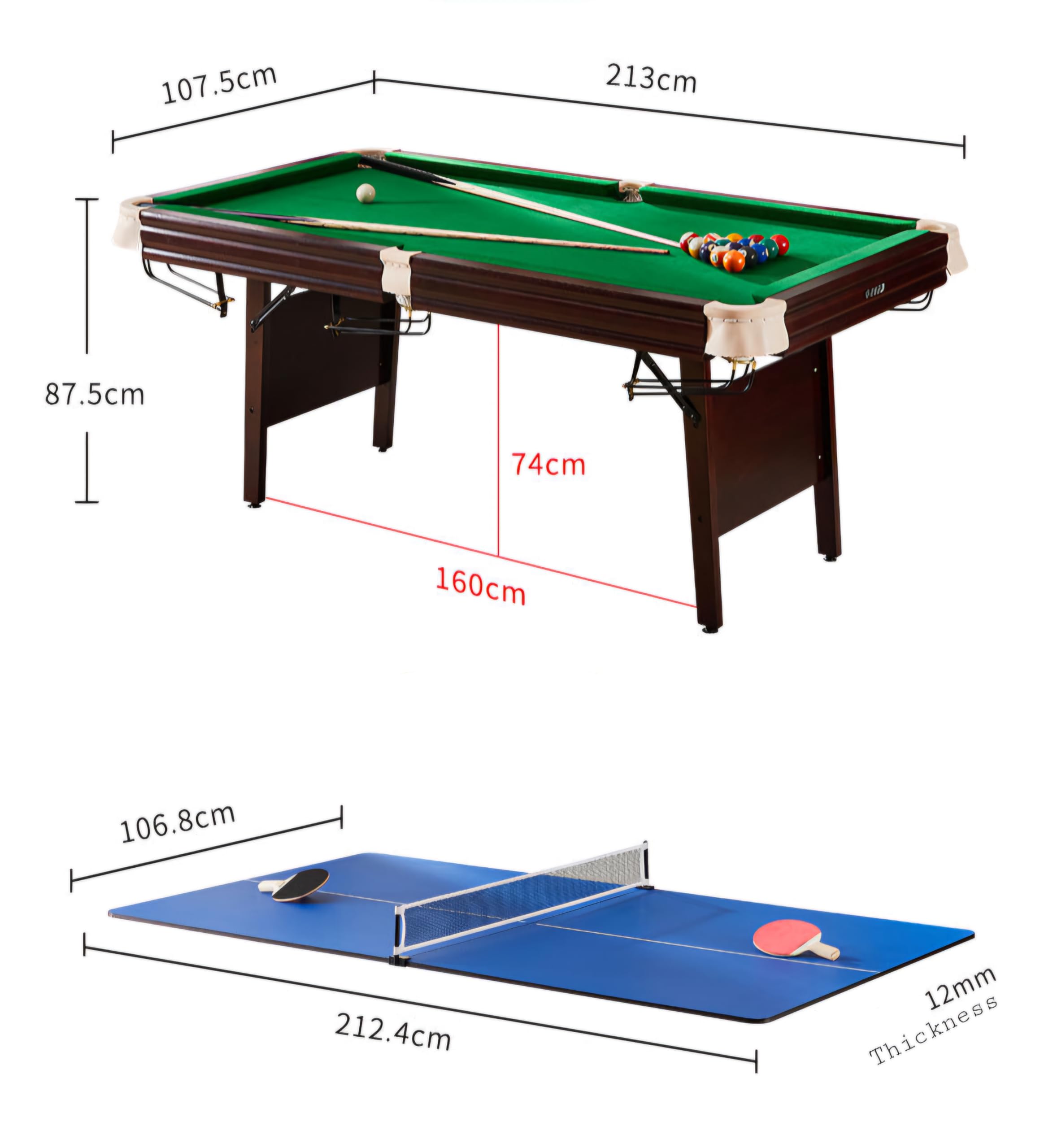 RUP Premium Solid Wood 3-in-1 Multi Game Table | 7ft Pool Table + Table Tennis + Conference/Study Table | Folding Legs