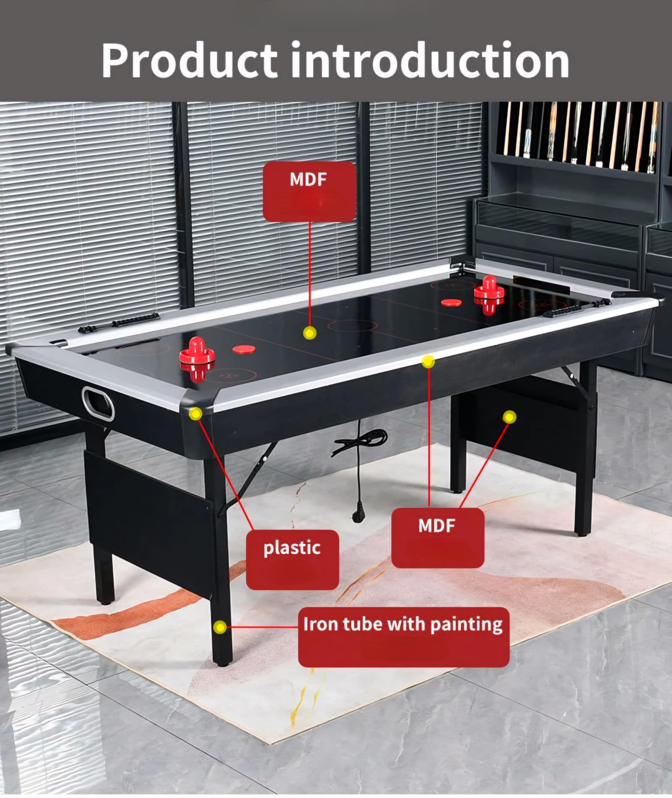 RUP 6ft Air Hockey Table, Premium Silver Playfield, with Folding Metal Legs & Hinges, Complete Accessories Set Included for
