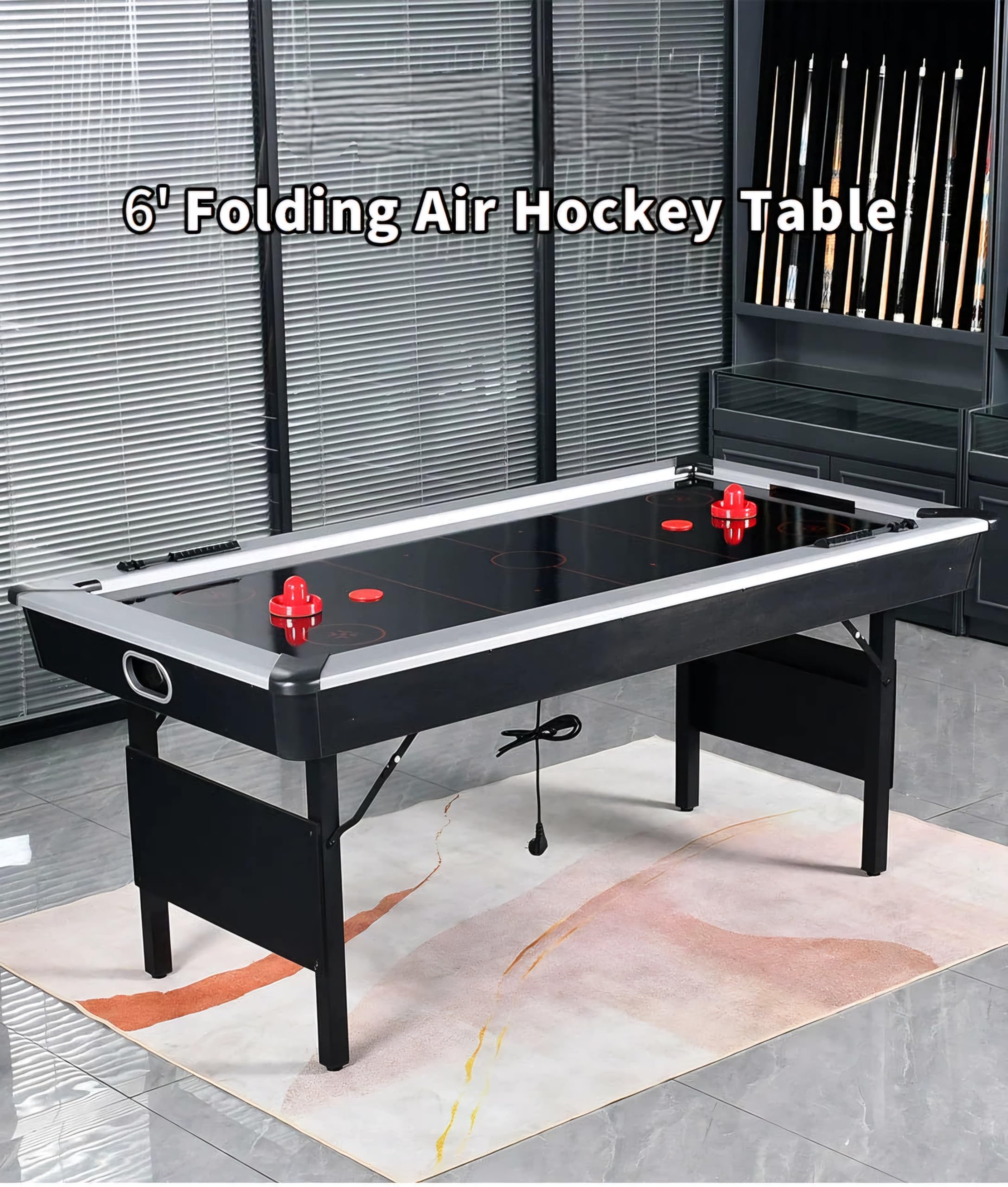 RUP 6ft Air Hockey Table, Premium Silver Playfield, with Folding Metal Legs & Hinges, Complete Accessories Set Included for