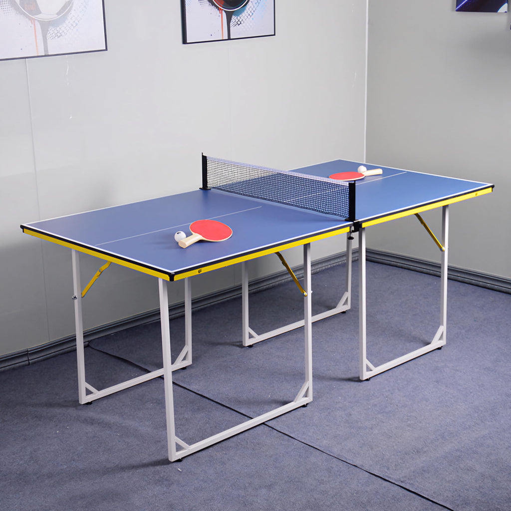 RUP 6ft Mini Table Tennis Table with Foldable Metal Legs, Blue Playing Surface with Yellow Accent, Net, Rackets, Balls