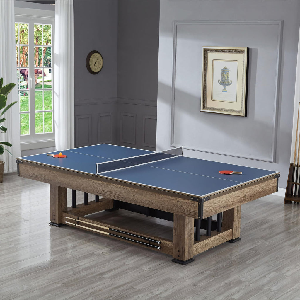 RUP 9ft 3 in 1 Multi Game Table with Billiards, Table Tennis and Dining/Conference top, Rustic Design (All Accessories