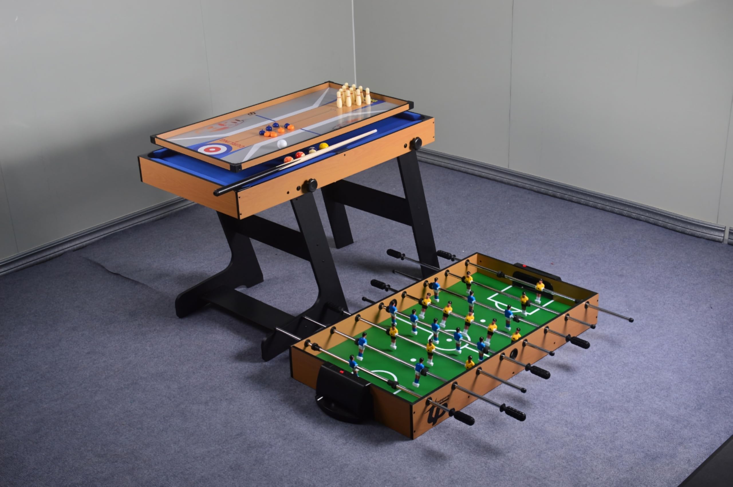 RUP 5 in 1 Multi Game Table, Foosball, Table Tennis, Pool, Bowling, Shuffleboard, Space Saving Vertical Folding Design