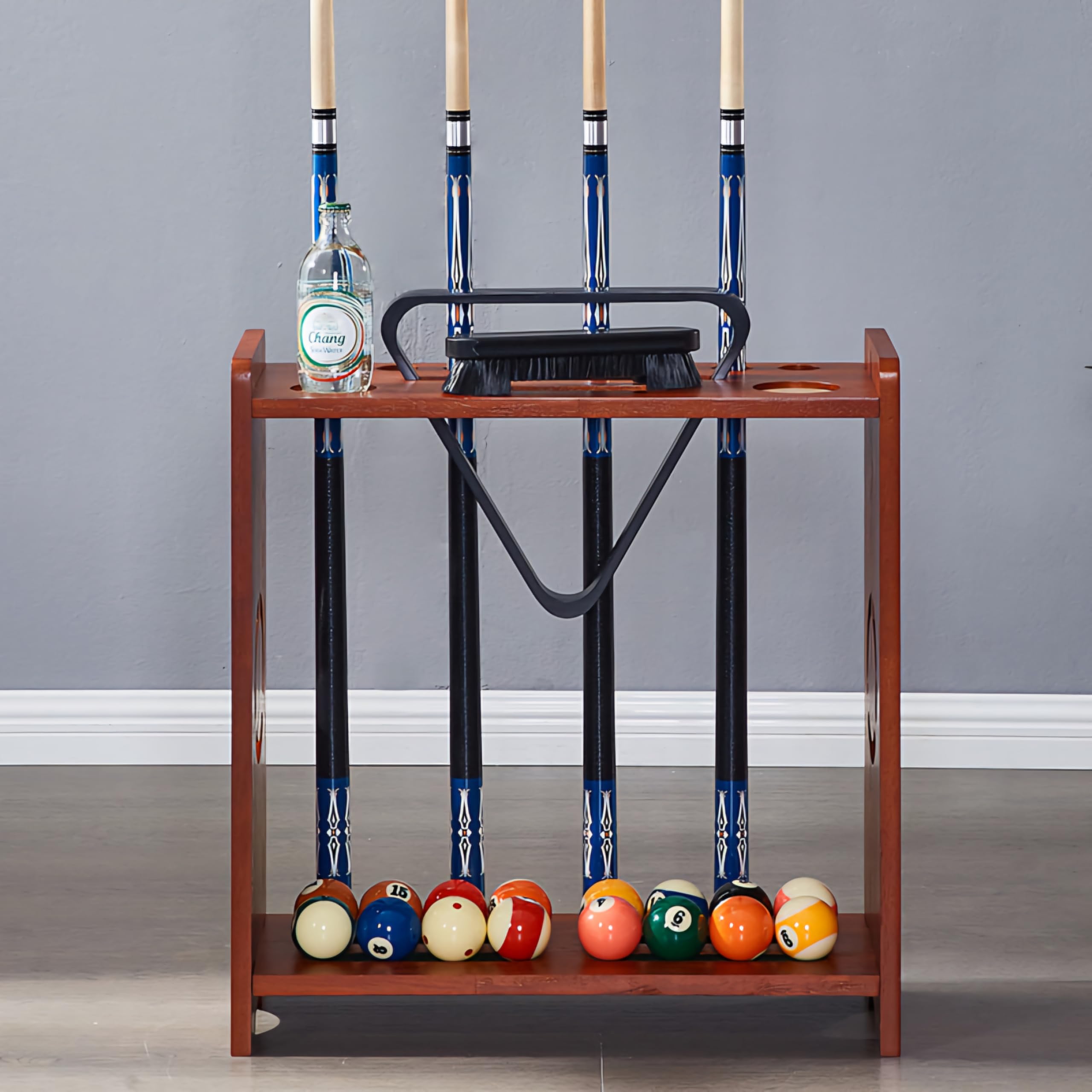 RUP Pool Cue Rack, Wooden 8-Cue Holder with Ball Storage, Drink Holders and Billiard & Snooker Cue Rack Stand (Accessories