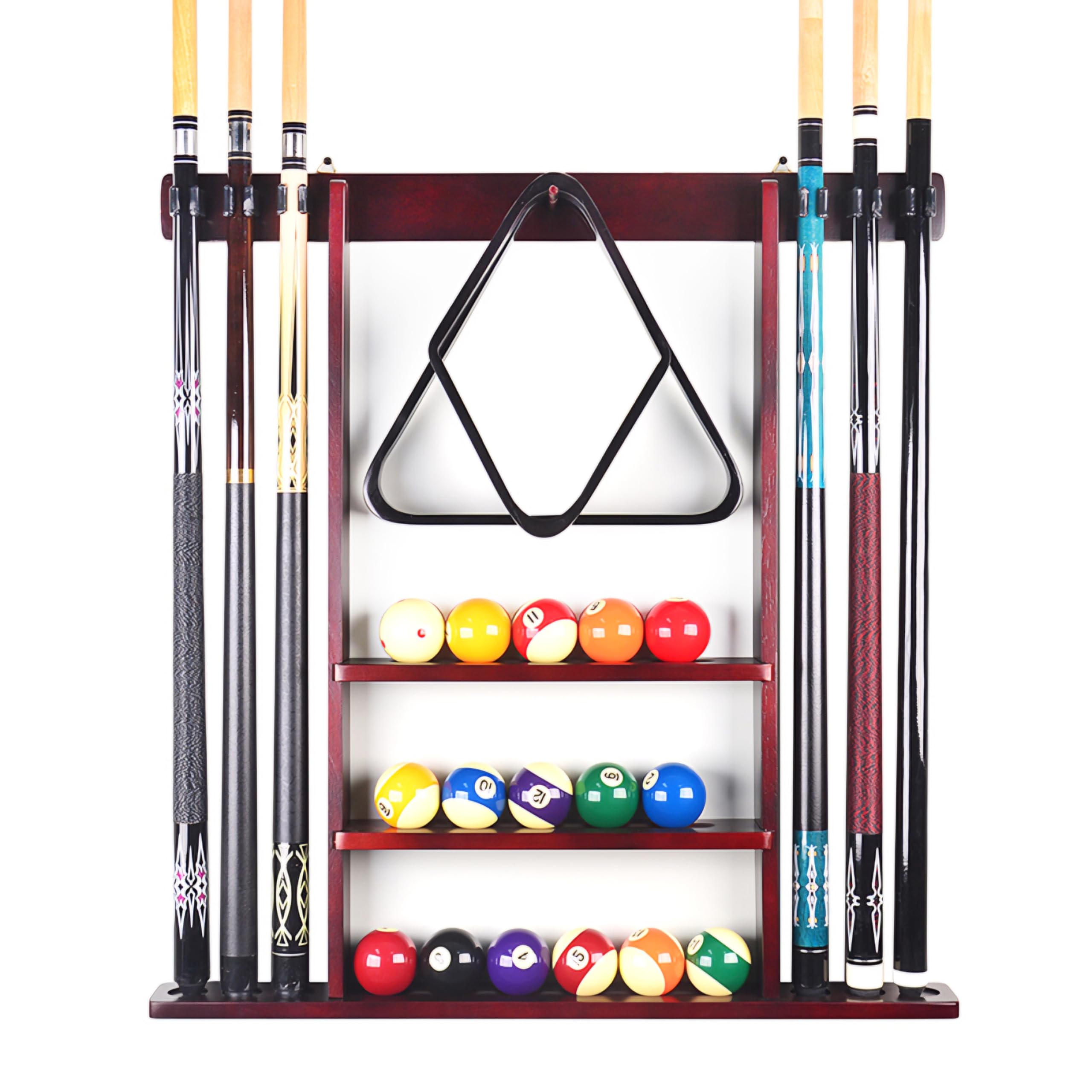 RUP Solid Pine Wall-Mounted Pool Cue Rack – Holds 6 Cues & Accessories – product view