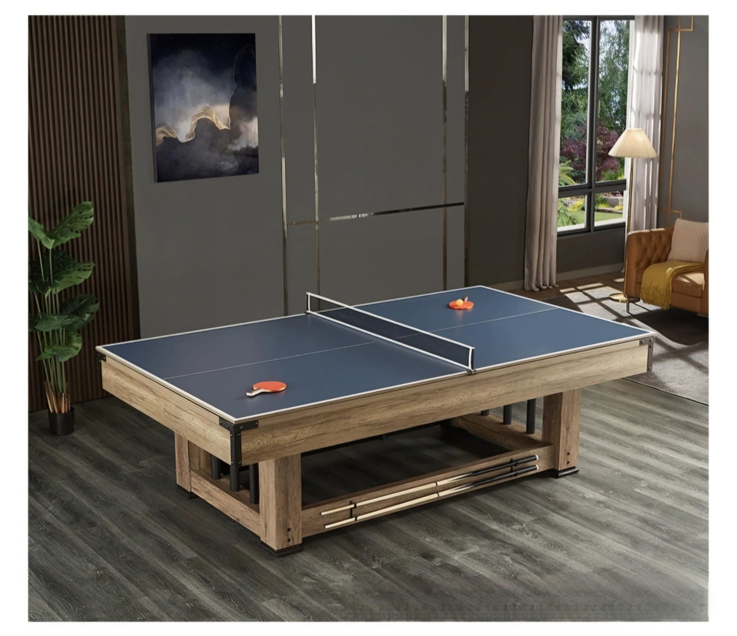 RUP 9ft 3 in 1 Multi Game Table with Billiards, Table Tennis and Dining/Conference top, Rustic Design (All Accessories