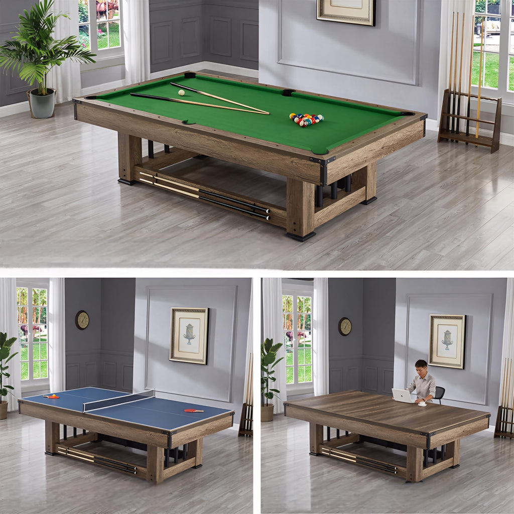 RUP 9ft 3 in 1 Multi Game Table with Billiards, Table Tennis and Dining/Conference top, Rustic Design (All Accessories