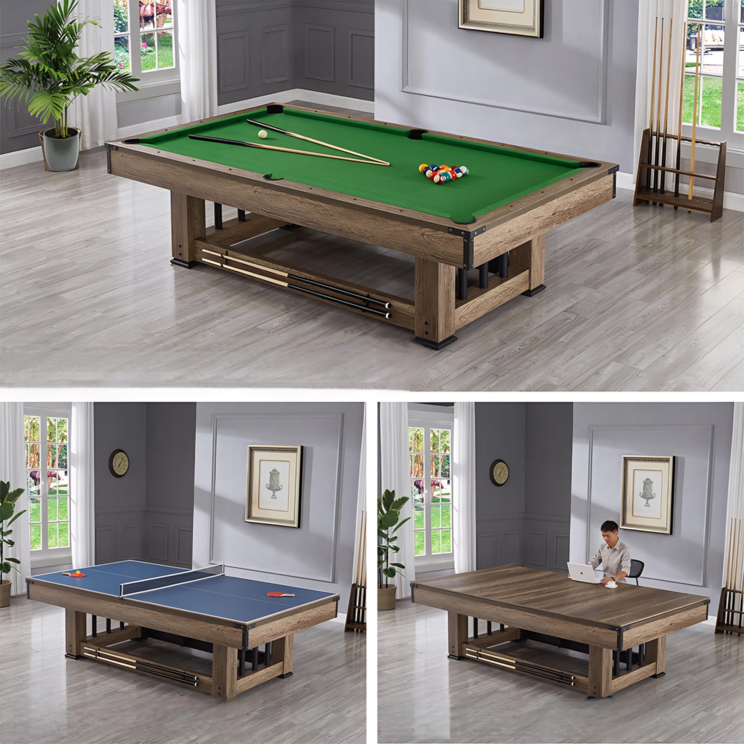 RUP 9ft 3 in 1 Multi Game Table with Billiards, Table Tennis and Dining/Conference top, Rustic Design (All Accessories
