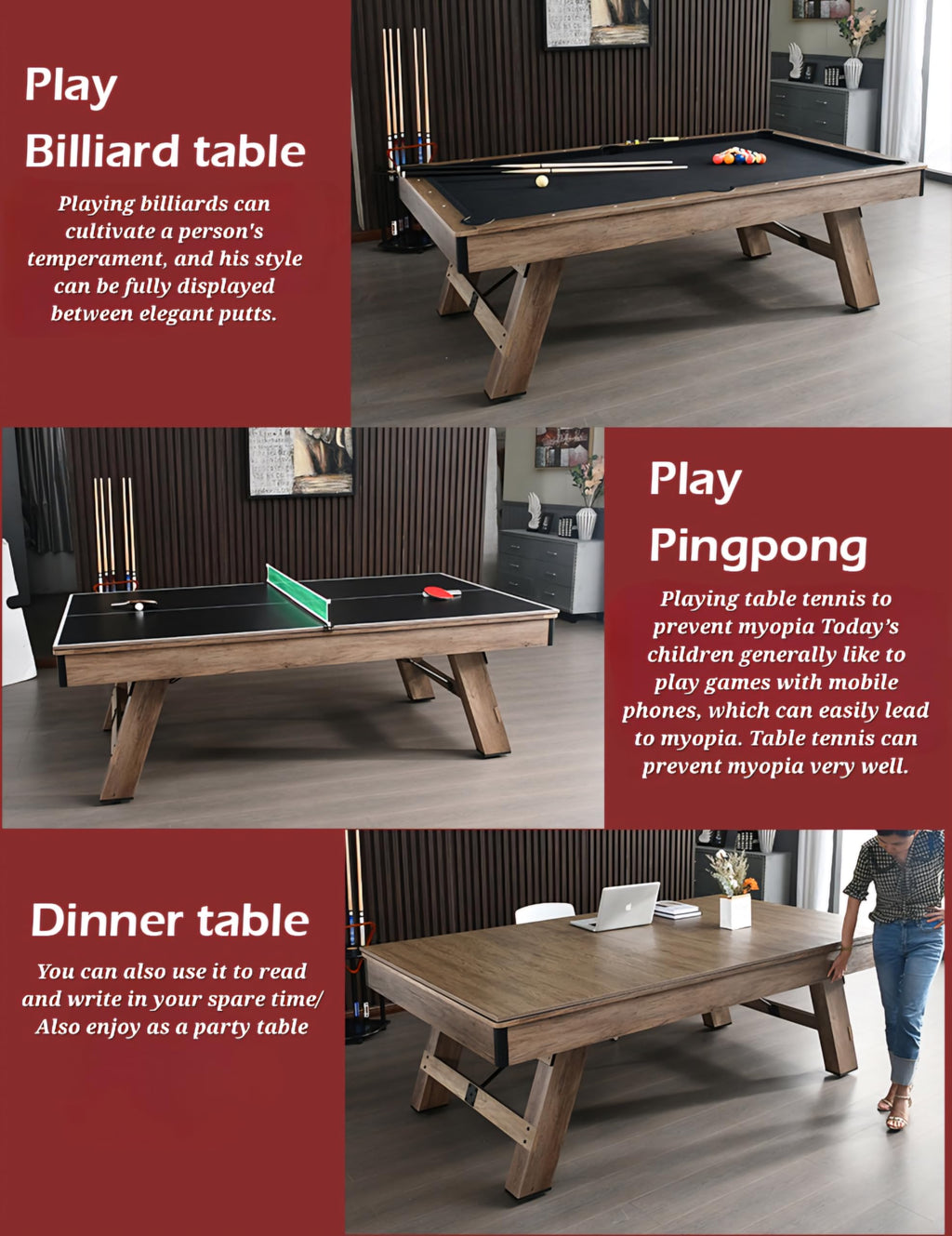 RUP 8ft 3-in-1 Multi Game Table – Pool Table with Table Tennis & Table Top | Ideal for Home, Office & Game Room (All
