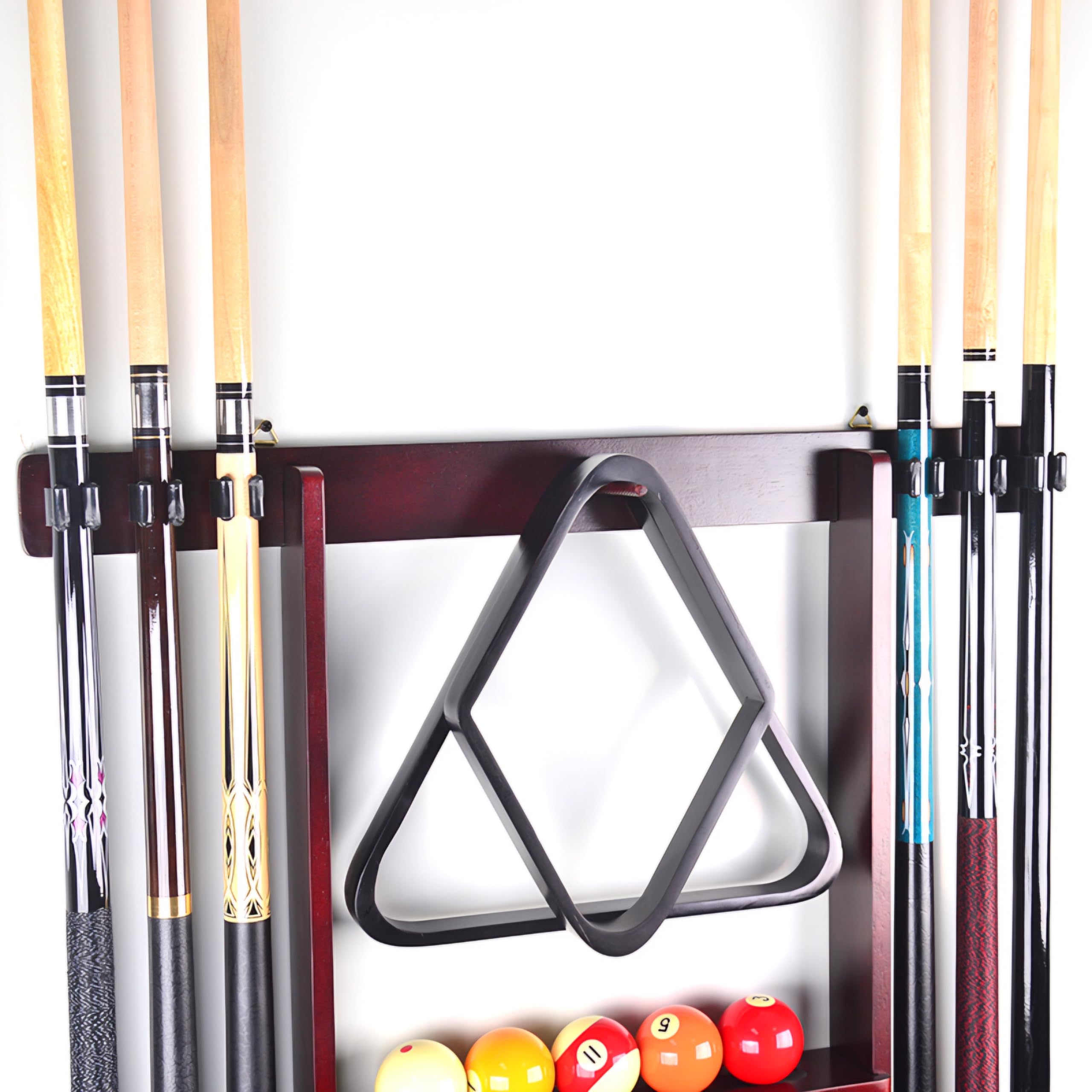 RUP Pool Cue Rack Wall Mount, 6 Pool Billiard Cue Rack, holds ball set, chalk & triangle, Made of Solid Pine Wood, Pool Table
