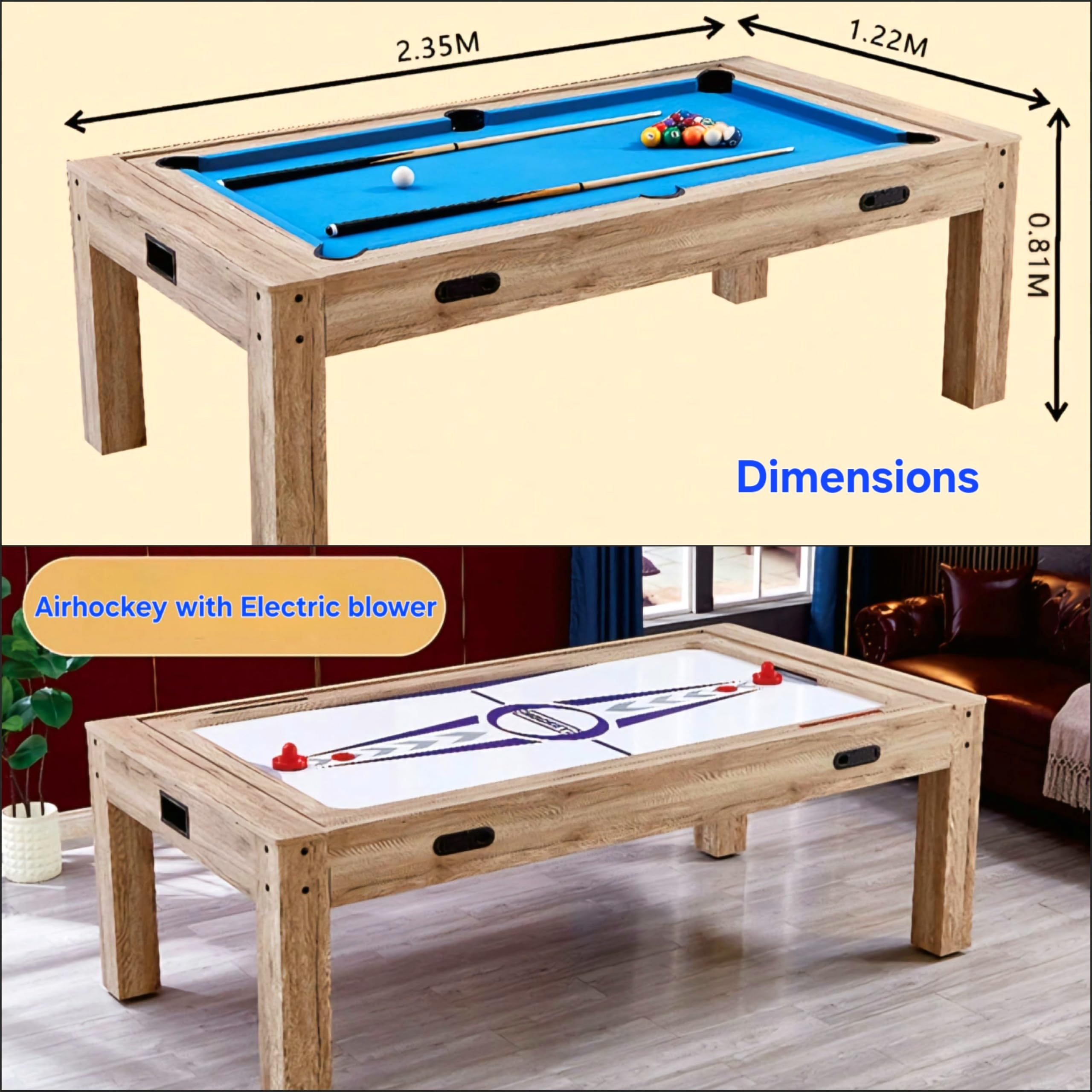 RUP 4-in-1 Multi-Game Table, Pool/Billiards, Table Tennis, Air Hockey with Electric Blower, Conference Table Top, Complete