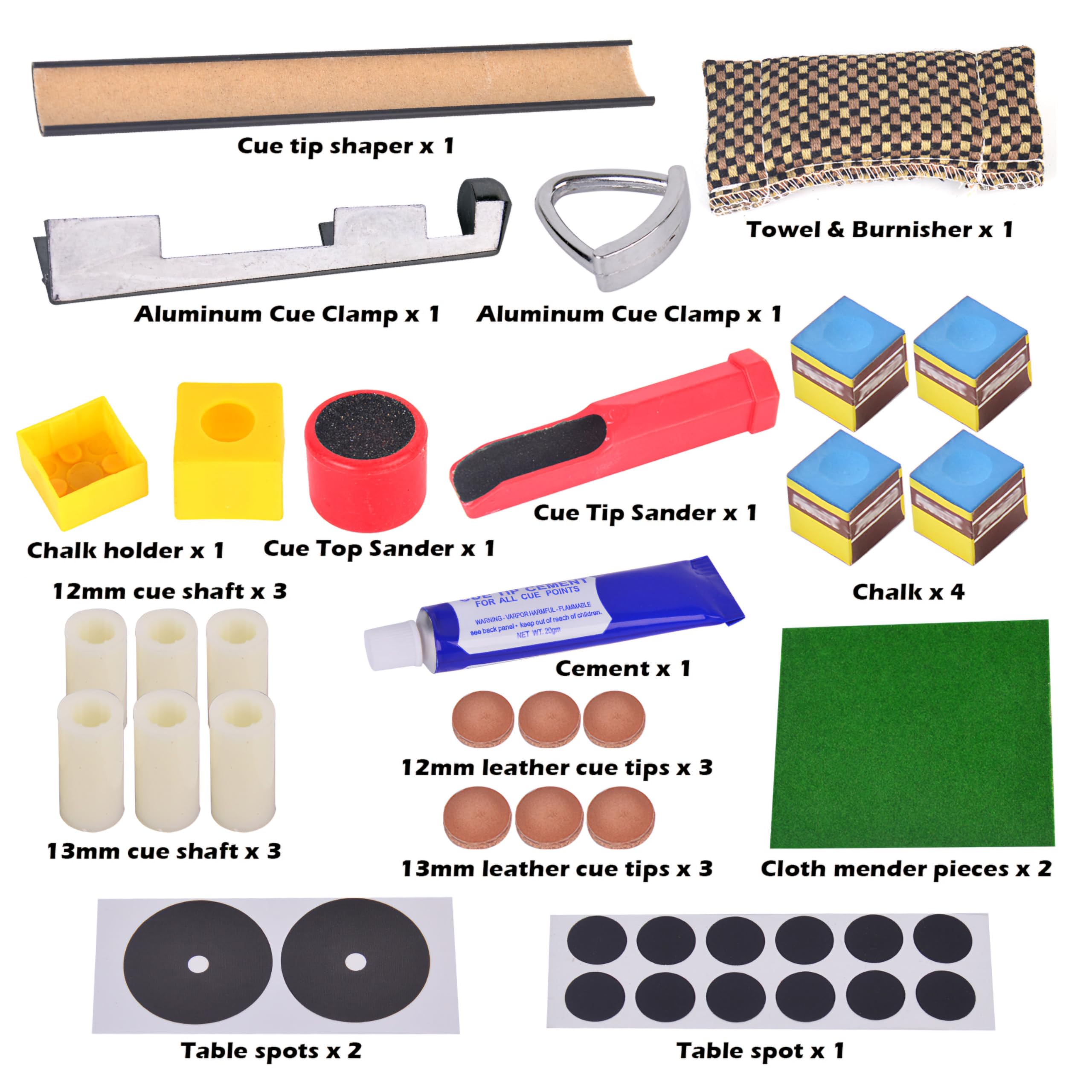 RUP Pool Cue Repair Kit, Complete Billiards Maintenance Set with Tip Shaper, Clamps, Sanders, Chalk, Tips and Table