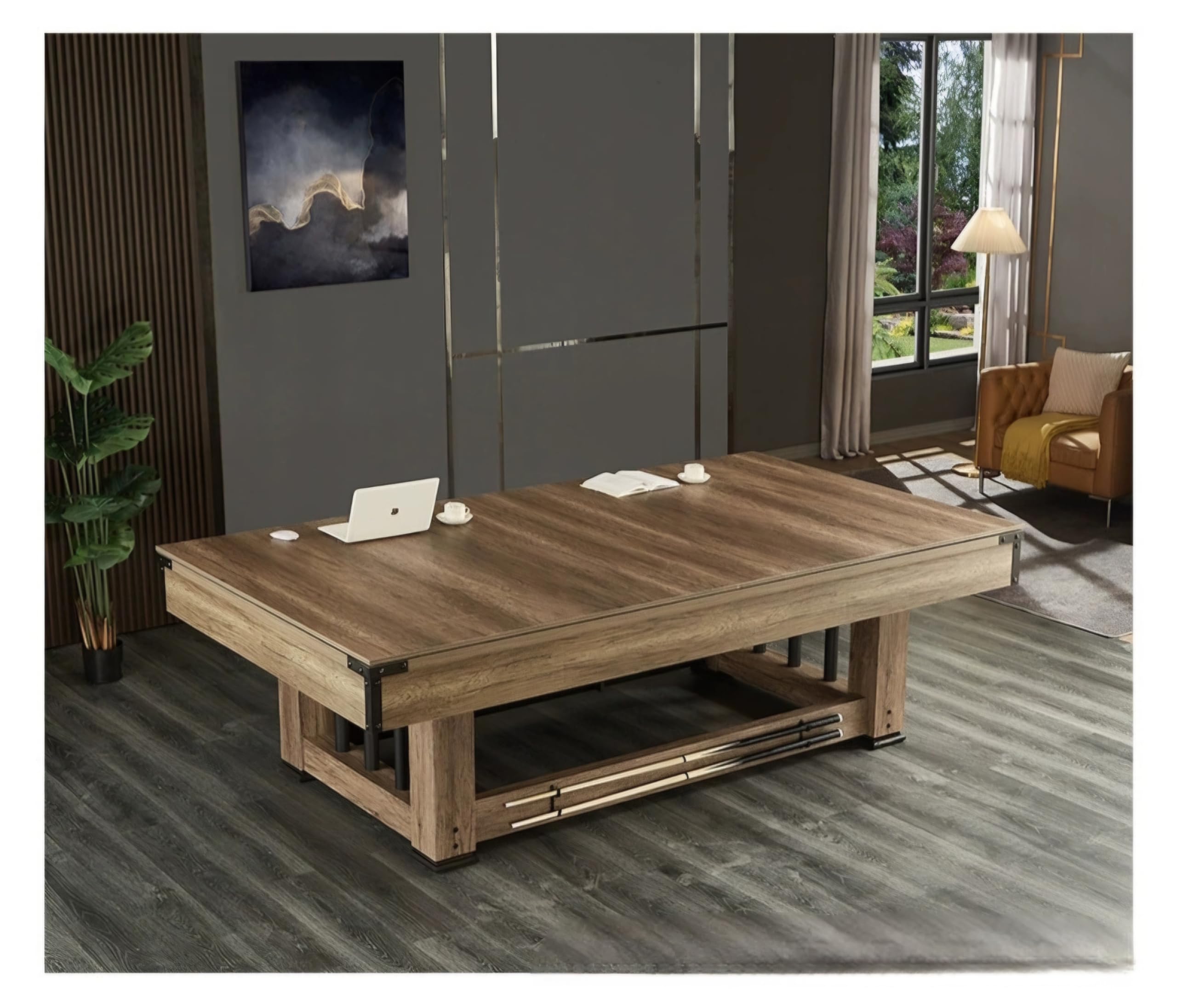 RUP 9ft 3 in 1 Multi Game Table with Billiards, Table Tennis and Dining/Conference top, Rustic Design (All Accessories